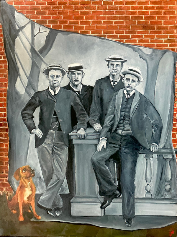 Figurative oil painting of men and dog on Delancey Street NYC urban scene