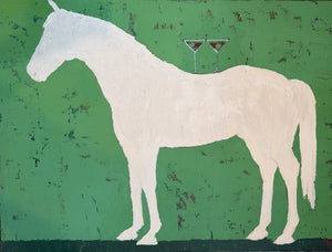 Minimalist white horse painting on green background original oil artwork