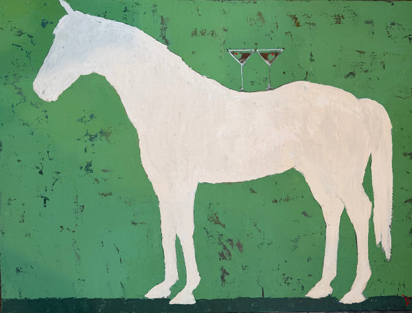 Minimalist white horse painting on green background original oil artwork